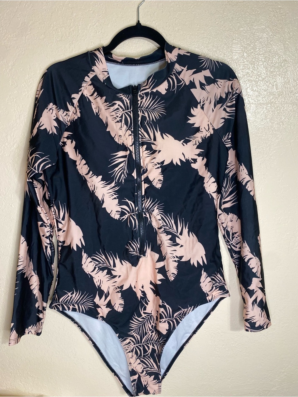 SHEIN Black One-Piece Long Sleeve Swimsuit with Light Pink Palm Print
